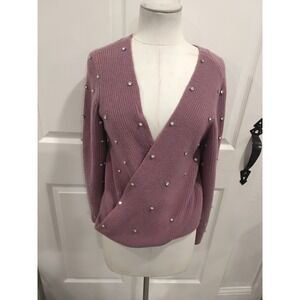 NWT Elie Tahari Womens Embellished Wrap V Neck Sweater Pullover Mauve Size M